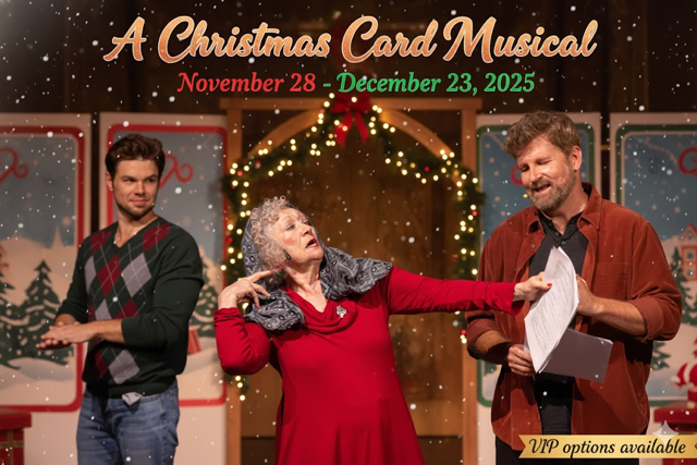 Promo for "A Christmas Card Musical" featuring three actors in casual winter attire.
